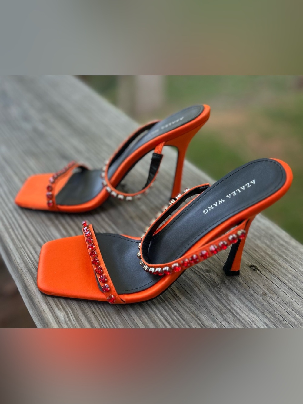 Azalea Wang Satin Orange Embellished  Heeled Mules - Picture 5 of 5